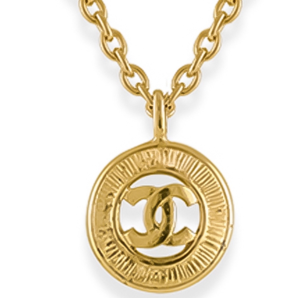 Vintage Chanel Logo Cut Out Lined Circle Pendant Necklace